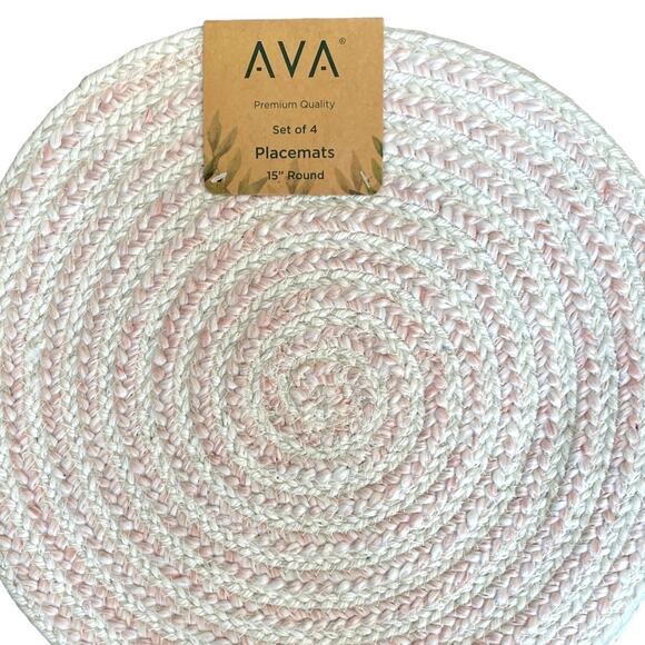 AVA Pink and White Premium Quality Set of 4 Braided 15" Round Placemats NEW - Picture 2 of 4